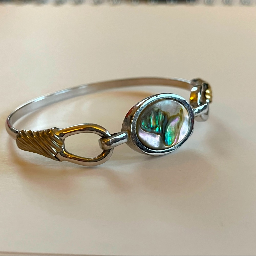 Vintage 1970’s Avon 2 tone bangle bracelet abalone mother of pearl gold accent